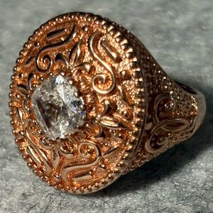 Vintage Style PAJ Rose Gold Plated Ring w/Cubic Zirconia -Ornate Design size 9